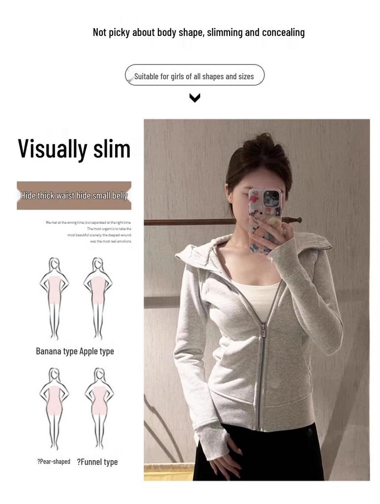 Dámská zeštíhlující mikina s kapucí na podzim/zimu 2024 - Bavlněná mikina se zipem zeštíhlující pas
