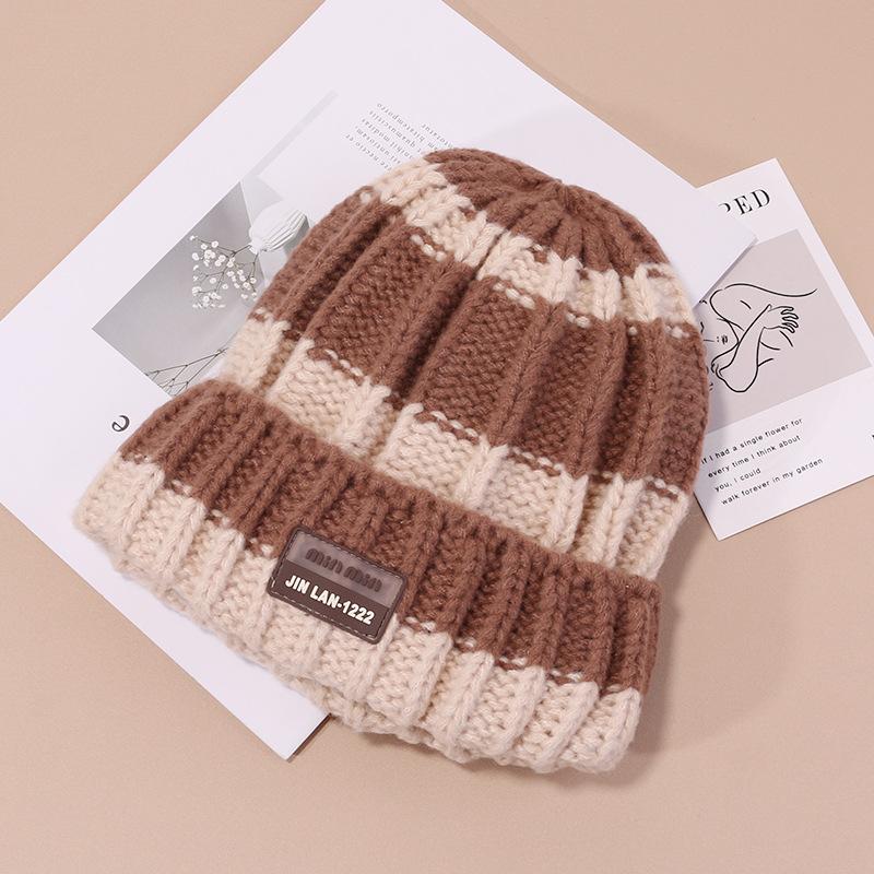 

Autumn and Winter Striped Color-blocking Hat for Women Versatile Wool Hat Ear Protection Warm Pullover Hat Outdoor Riding Cold Proof Knitted Hat M（56-58cm）