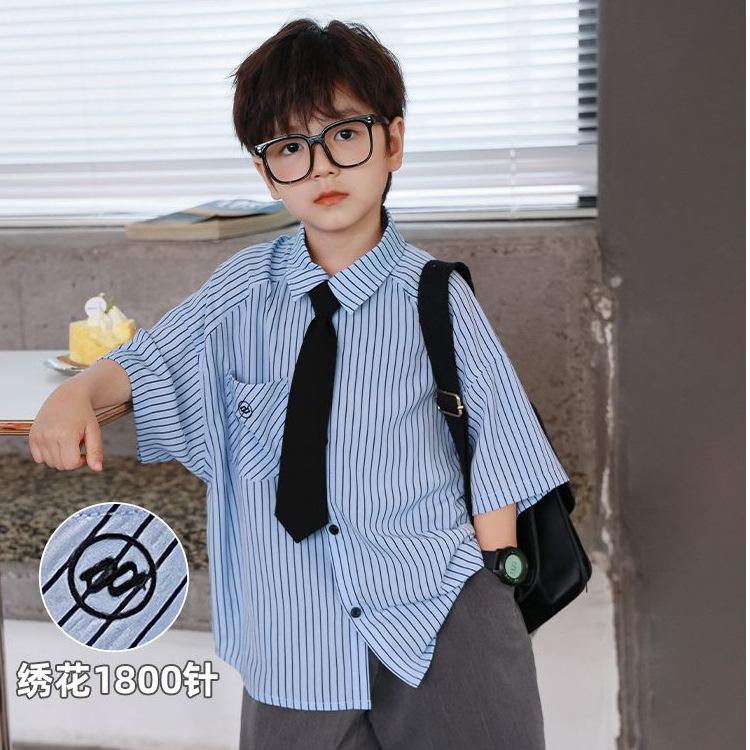 Boys Short Sleeve Striped Preppy Shirt Summer Kids Top