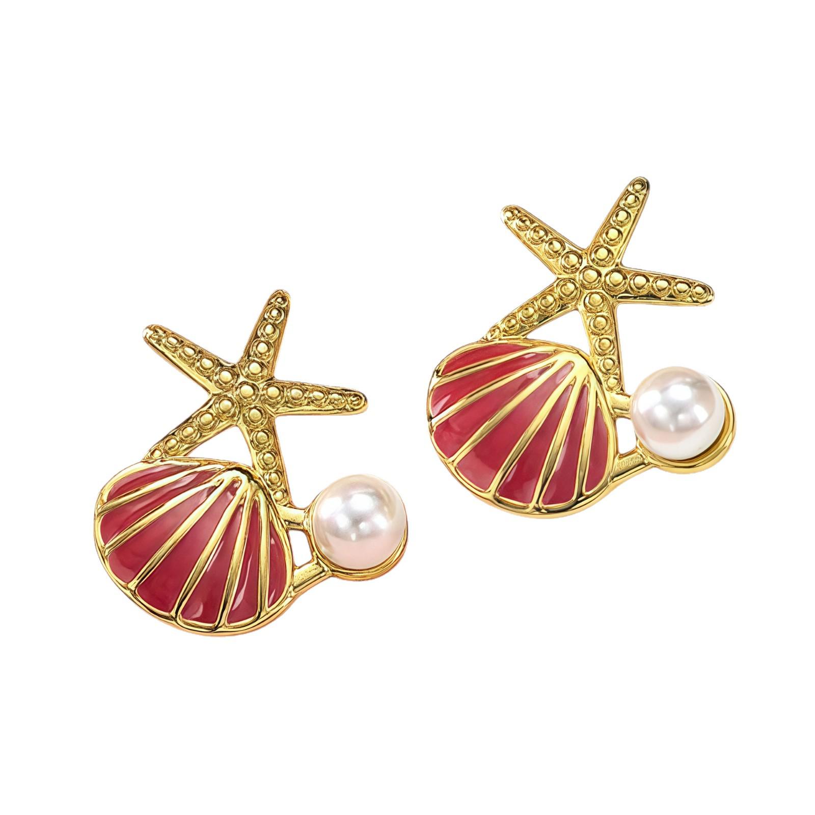 Stainless Steel Starfish & Seashell Pearl Earrings - Women s Ocean Light Luxury Style