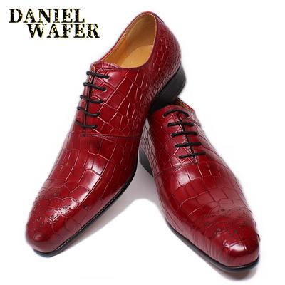 Mode Herren Luxusmarken Schuhe Echtes Leder Schwarz Rot Krokodilmuster Schnürschuhe Spitzzehe Büro Hochzeit Formelles Kleid Oxford Herrenschuhe