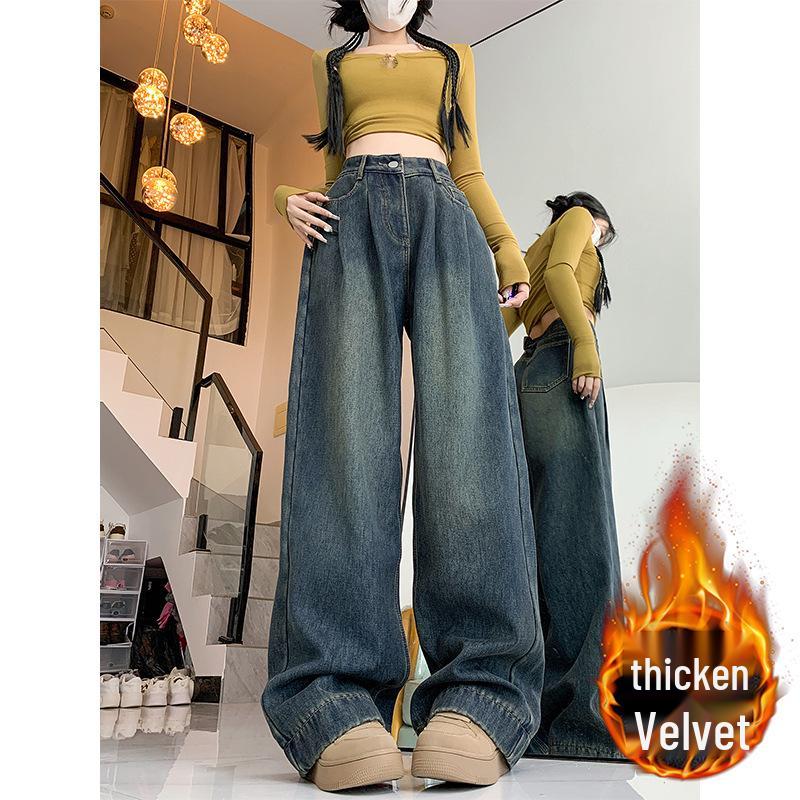 

Women s Plus Size Fleece-Lined Wide-Leg Jeans, Autumn/Winter 2024, High Waist Loose Straight-Leg Pants 2XL