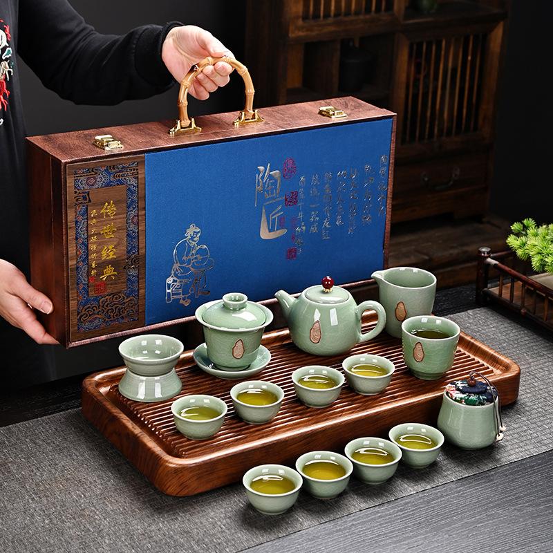 Set da tè in ceramica Ru kiln, set completo in confezione regalo, set grande di alta gamma, lusso leggero e alto valore