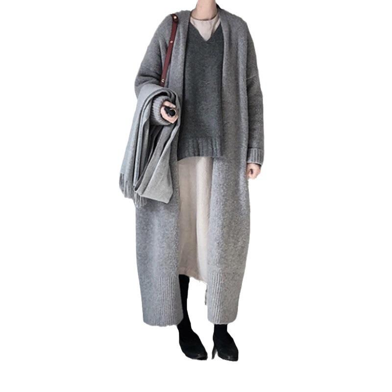 Women's Korean Knee-Length Knit Cardigan - Solid Color, Loose Fit, Plus Size, Autumn/Winter Styles