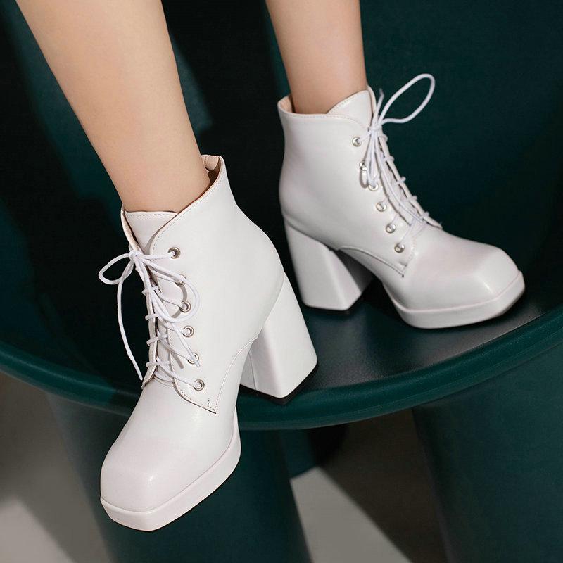 Women's Boots Thick Heel Lace Up Ankle Boots Fashion Waterproof Platform Women's Shoes Autumn Winter New Women High Heels 34-43