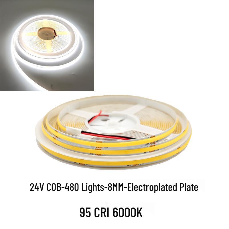COB LED Strip Light 12V/24V, 320/480 LEDs, 8MM, 90 CRI, Self-Adhesive, Aluminum Channel.