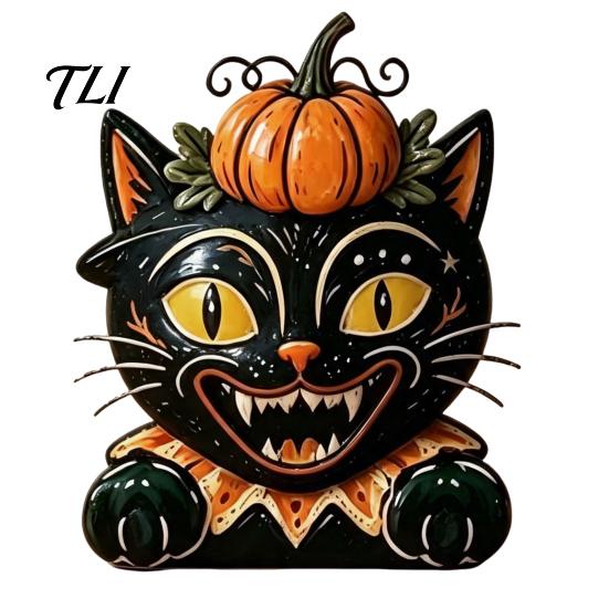 Cartoon Cat Figure Vintage Halloween Wooden Figurine, Rustic Witch Zombie Owl Frog Tabletop Small Wood Craft Ornament, Farmhouse Tiered Tray
