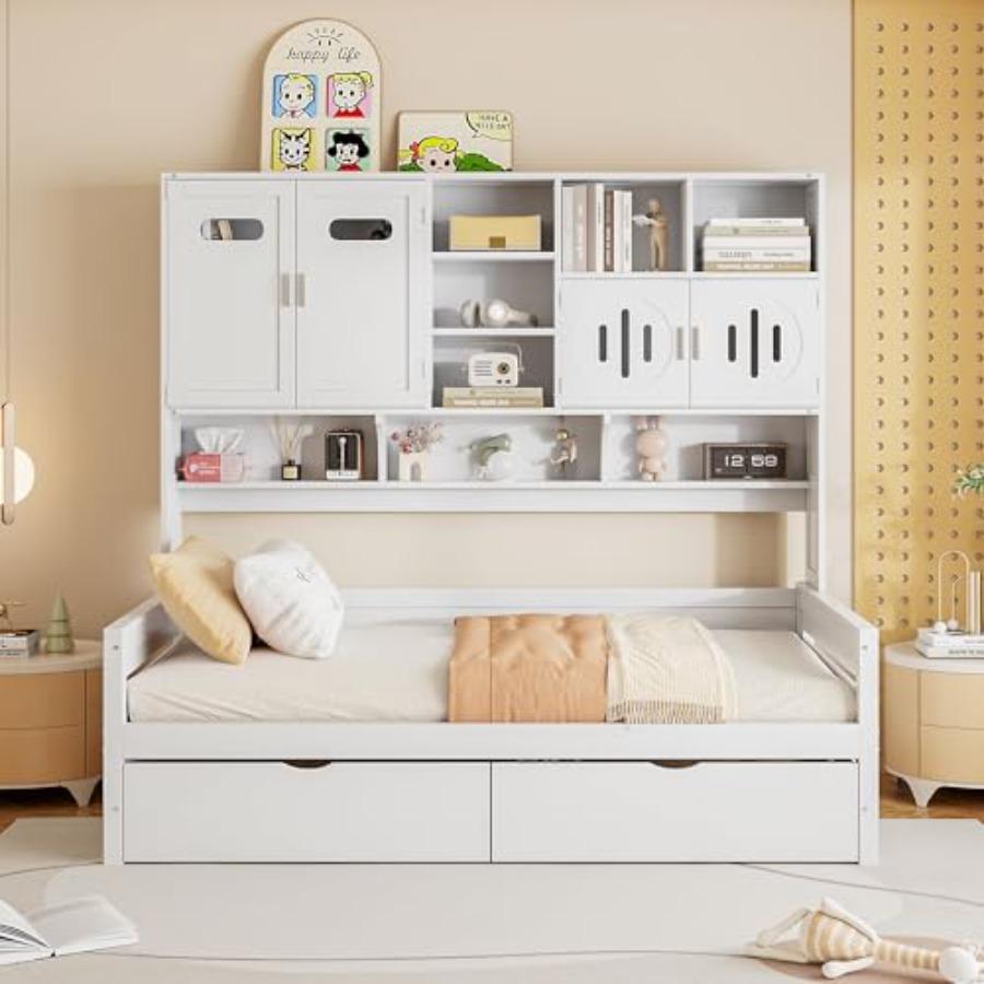 Twin Size Wooden Daybed with 2 Drawers and Bookcase Headboard, and All-in-One Storage Cabinet and Shelf, White белый