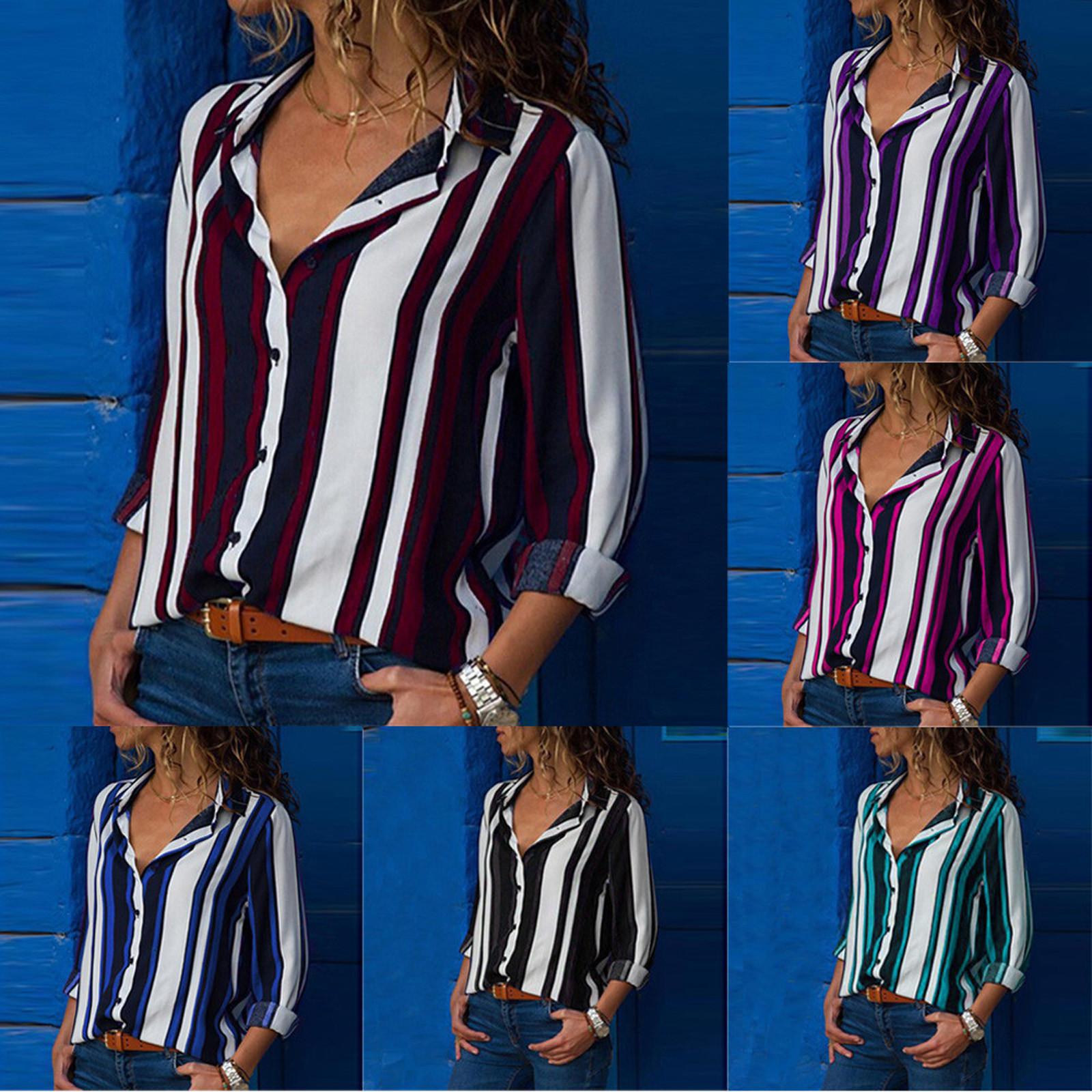 

Женская повседневная полосатая рубашка с длинным рукавом и v-образным вырезом на пуговицах, блузка, топы XXL зелёный