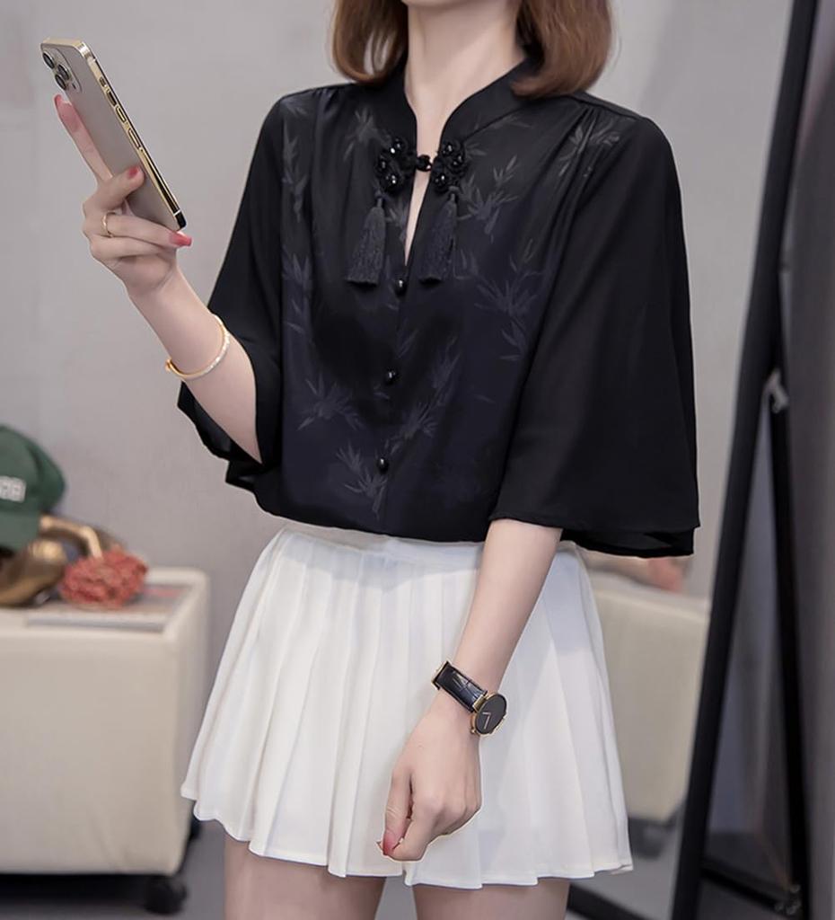 Chiffon Blouse for Bamboo Chinese Loose Large Korean Work Flared Casual [JIYUTOR] Women, Top, Chinese-style Shirt, Pattern, Buttons, Lined,