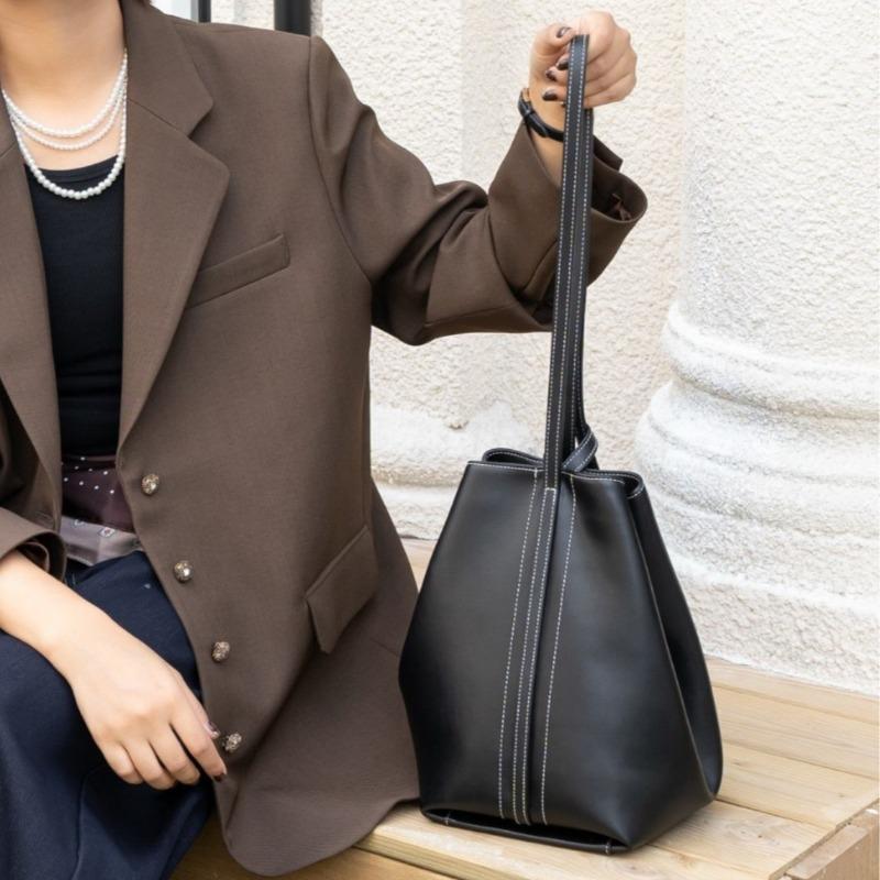 Genuine Leather Single-shoulder, Double-shoulder Crossbody Bag, High-end, Simple Cowhide Bag, Bucket Bag