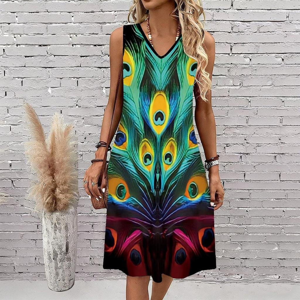 Plus Size V Neck Sleeveless Dress Misty Mountains Waterfall Art Print For Mountain Vacation Trip