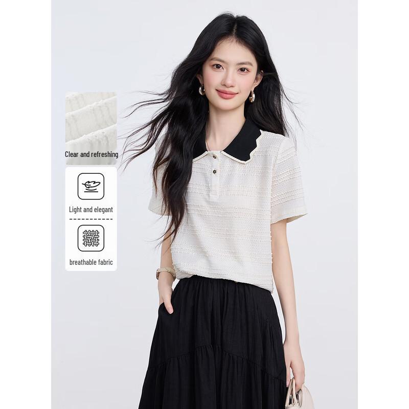 Women s Color Block Polo Collar Short Sleeve T-Shirt L
