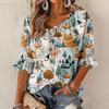 Women's Halloween Print Round Neck Tie Front Ruffle Blouse Three-Quarter Sleeves