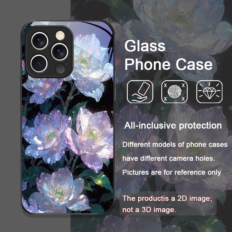 Elegante Custodia in Vetro Temperato con Motivo Floreale di Peonia Bianca per iPhone 17 16 Pro Max 15 14 13 12 11 Mini XS XR 7 8 14Plus Cover