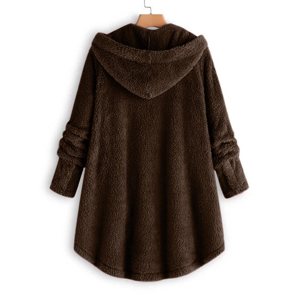 Women Plus Size Button Plush Tops Hooded Loose Cardigan Wool Coat Winter Jacket