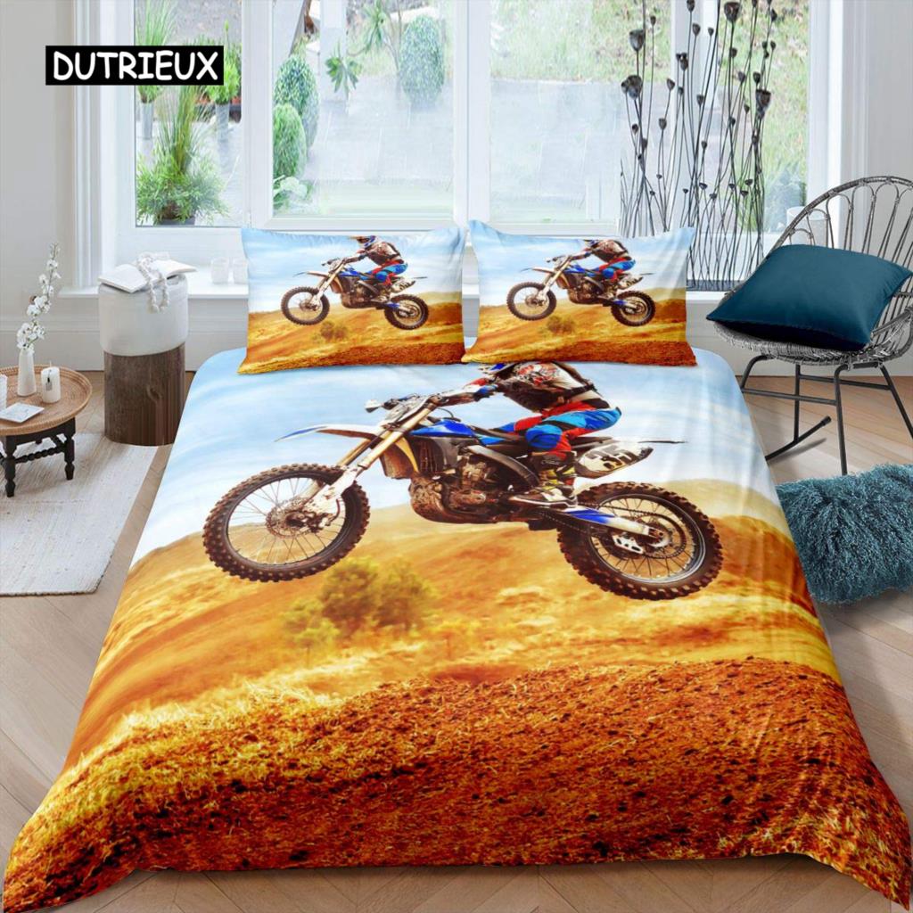 3D Motocross Rider Duvet Cover Set Microfiber Red Black Dirt Bike Extreme Sports Theme Motorcycle Pattern Bedding Set King Size