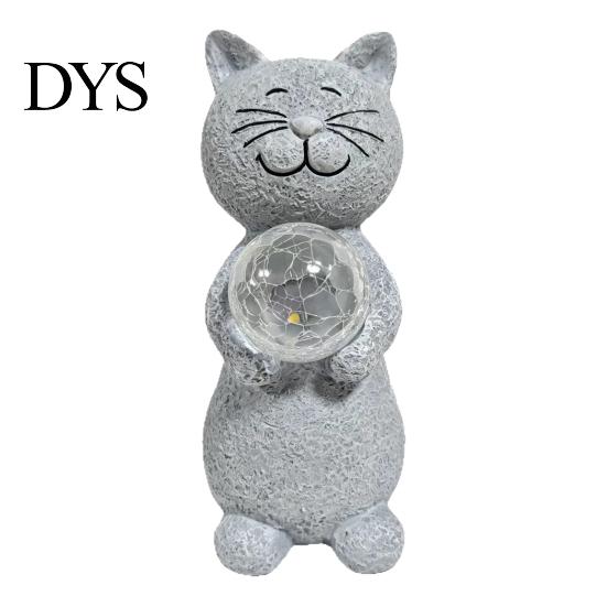 Langlebige Harzskulptur Dekor Katze Statue Solarlicht, Lachender Garten mit Rissiger Kristallkugel, Warme LED Hofdekoration Wasserdichte Tierlampe