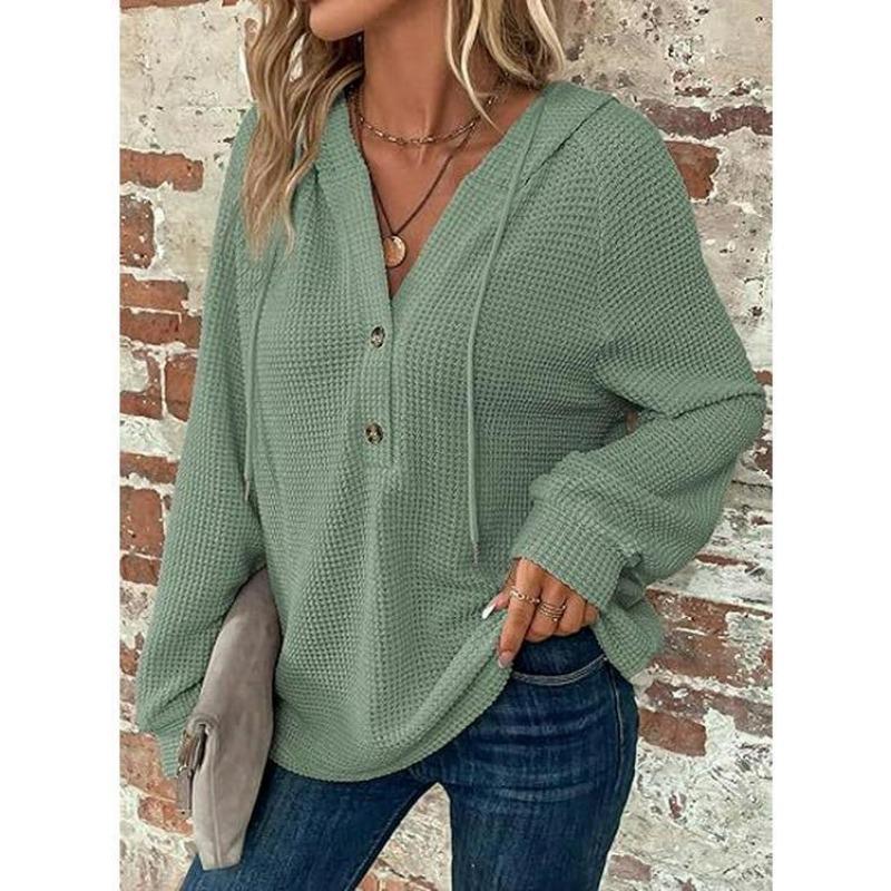 Women's V-Neck Waffle Knit Drawstring Button Long Sleeve Hoodie