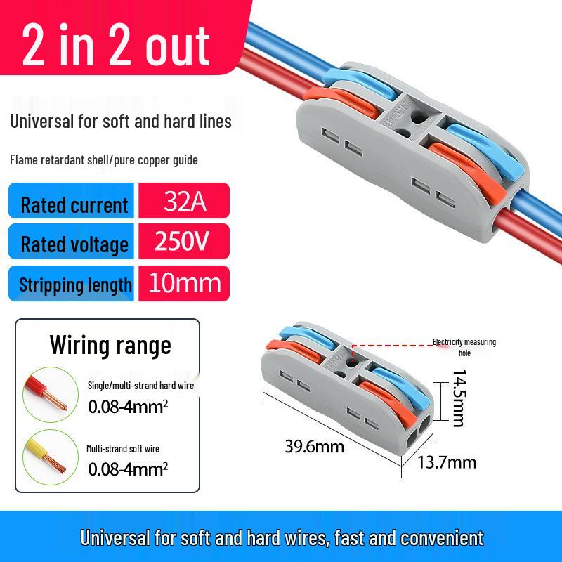 PCT Push-in Quick Wiring Terminal and Branch Connector for Stranded/Solid Wire, 2-in 2-out