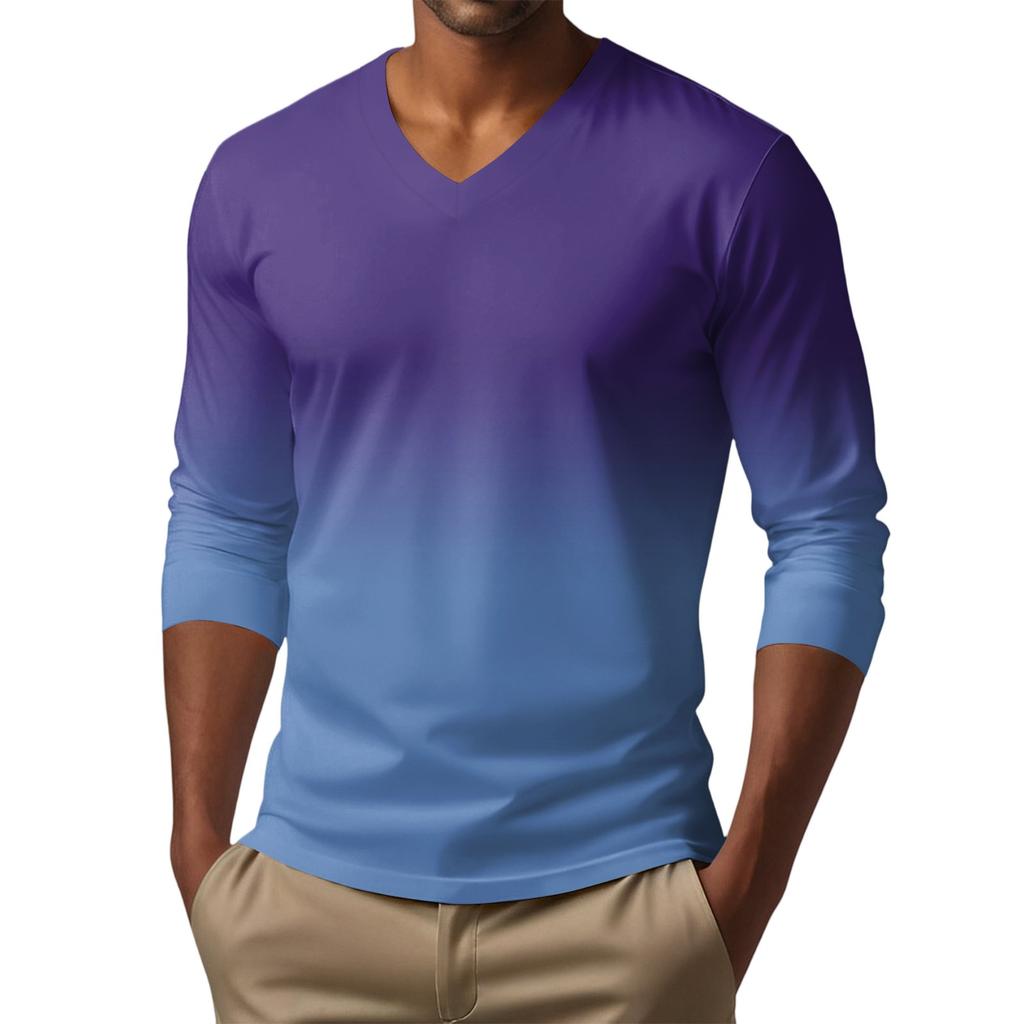 Men's V-neck Casual Fashion Printed Long-sleeved T-shirt Top