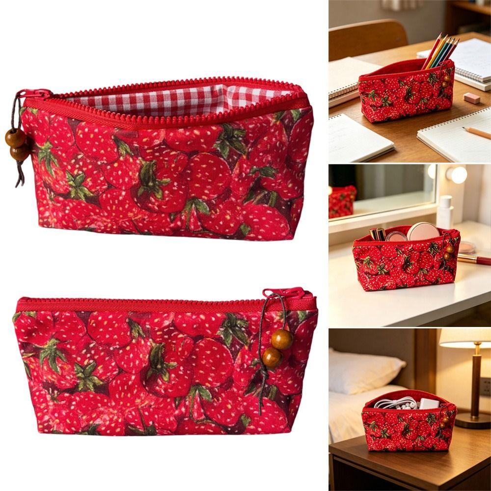 Strawberry Print Pencil Case Large Capacity Makeup Pouch Trendy Pencil Pouch  Gift