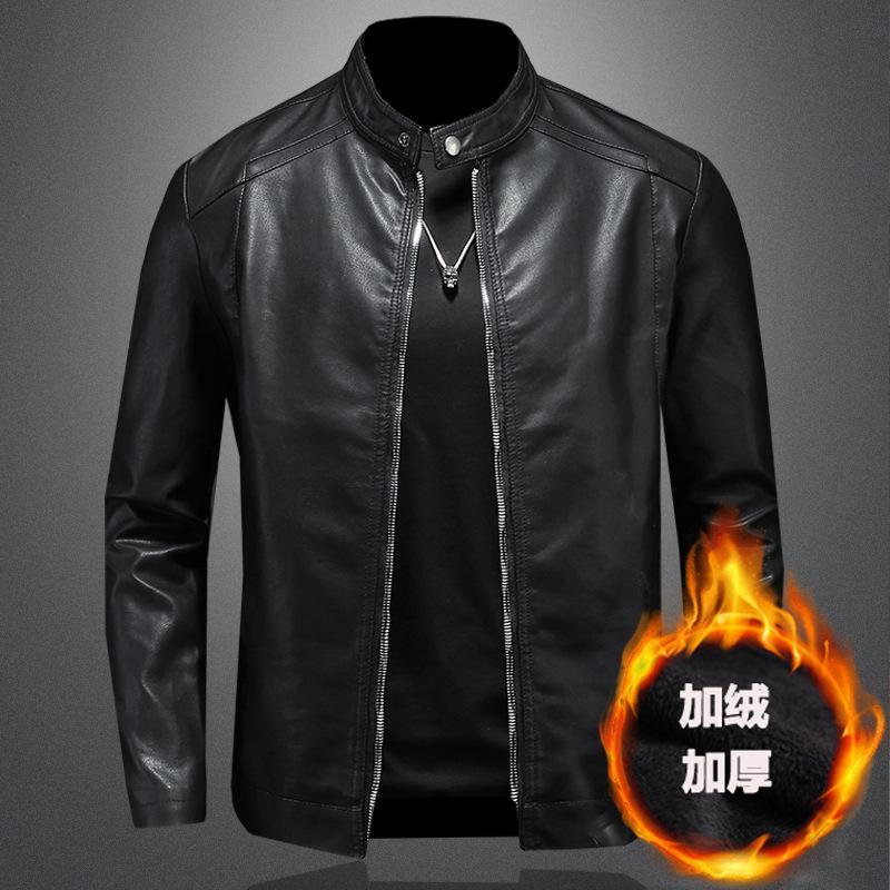 Men's Motorcycle New Style Casual and Versatile Slim Fit Plus Velvet Thickened Large Size Leather Jacket
