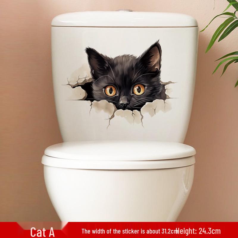 Cute Cat Expression Waterproof Bathroom Stickers - Self-Adhesive Cartoon Toilet Decor