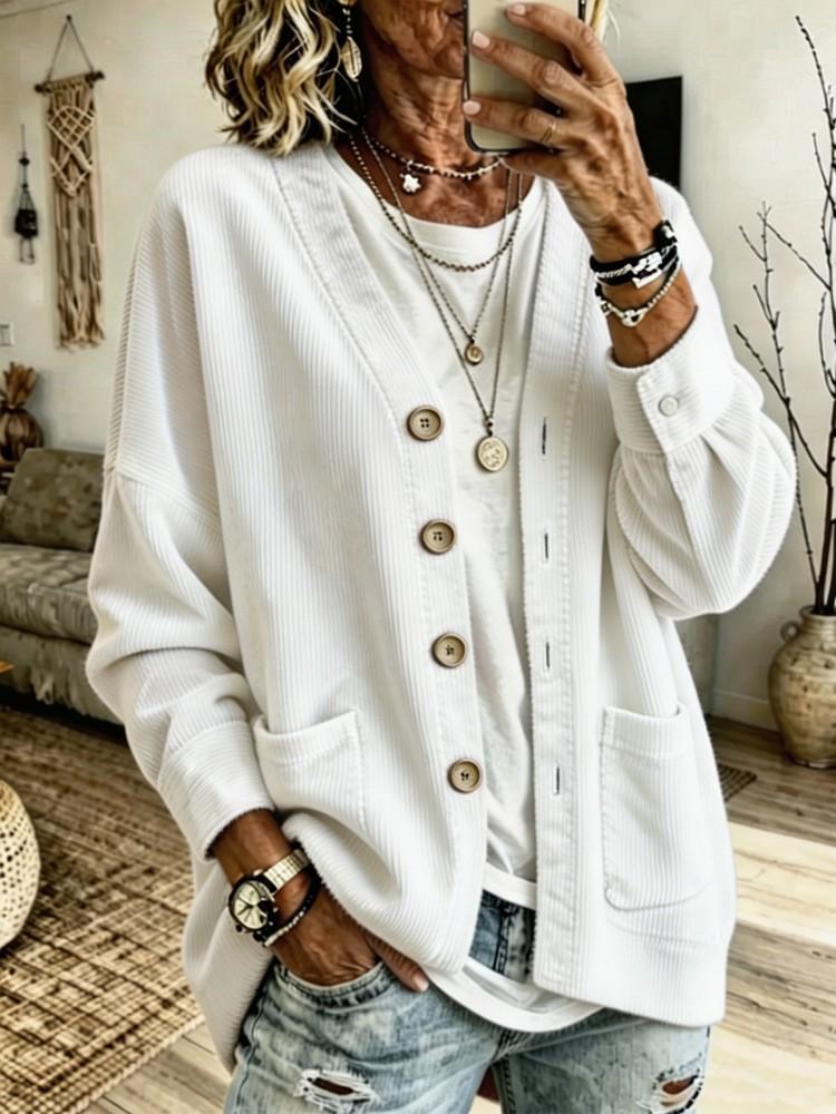Women's Autumn Corduroy V-Neck Loose Double Pocket Cardigan