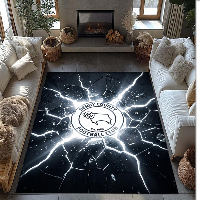 Derby County Football Print Crystal Velvet Rug, Comfortable Water Absorbent Non Slip Indoor Floor Carpet