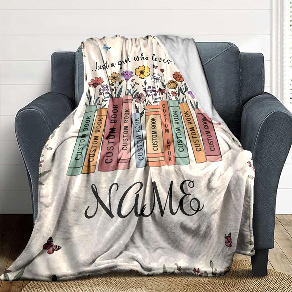 Book Lover Floral Design Multipurpose Personalized Blanket Customize Your Name Soft Cozy Perfect For Sofa Couch Office Bed Picnics For All Occasions