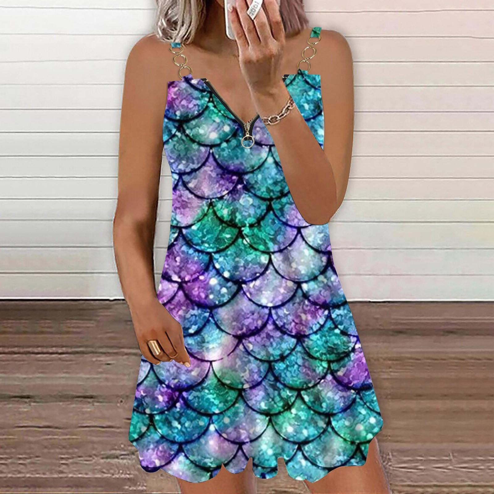 Ladies Casual Sexy Printed Zip V-neck Loose Fashion Off-shoulder Dress S синий