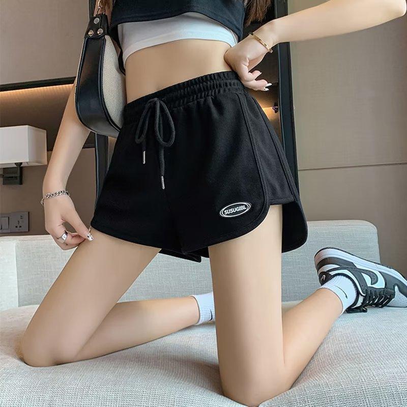 Women Summer Shorts Elastic Drawstring High Waist Shorts Pockets Solid Color Logo Print Wide Leg Short Pants Streetwear