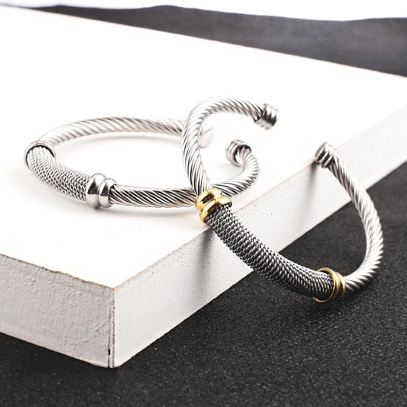 Unisex Titanium Steel C-Shaped Cable Rope Bracelet with Geometric Lines