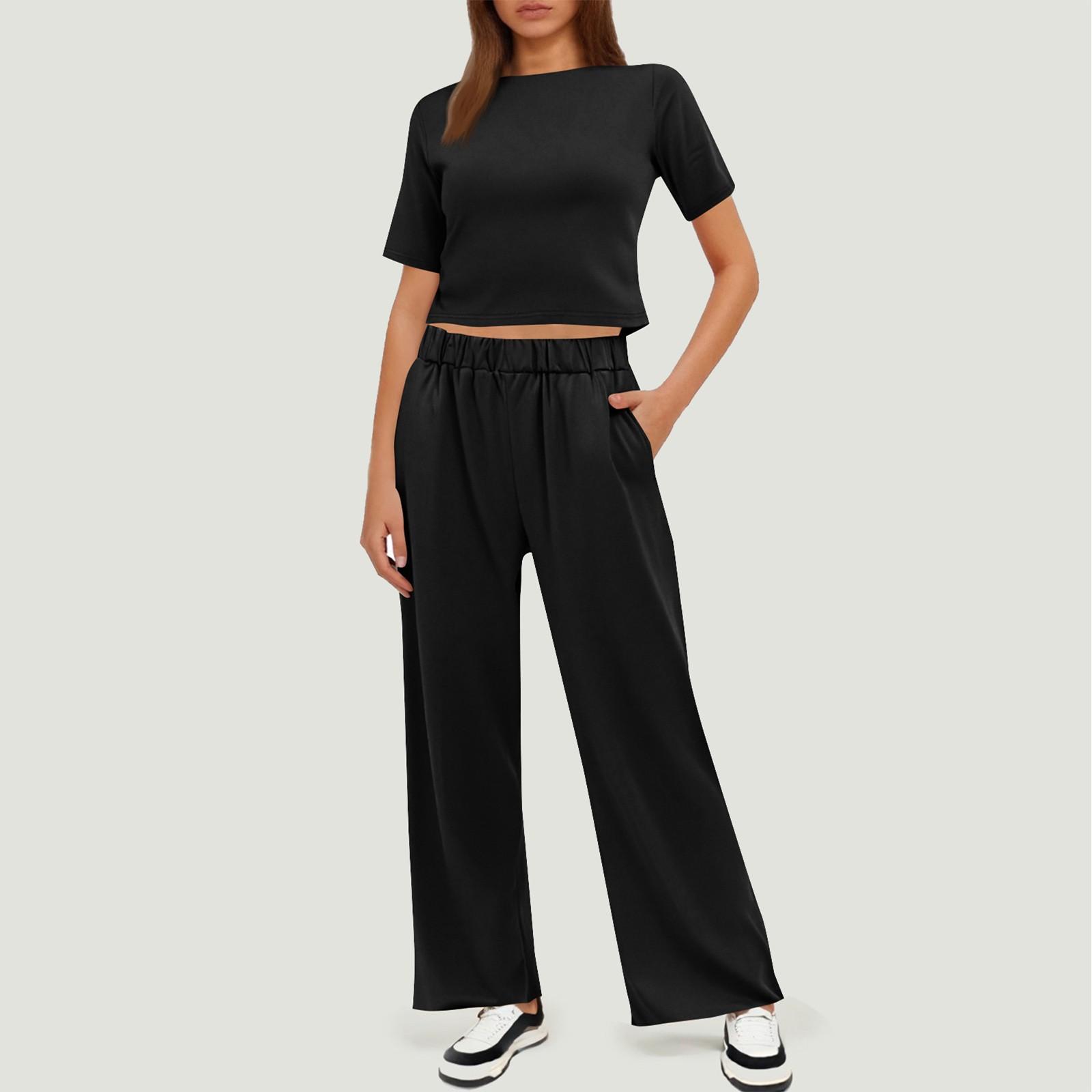 

Women s 2 Piece Outfits Sets Ruched Short Sleeve Tops Wide Leg Pants Tracksuit Sets L чорний