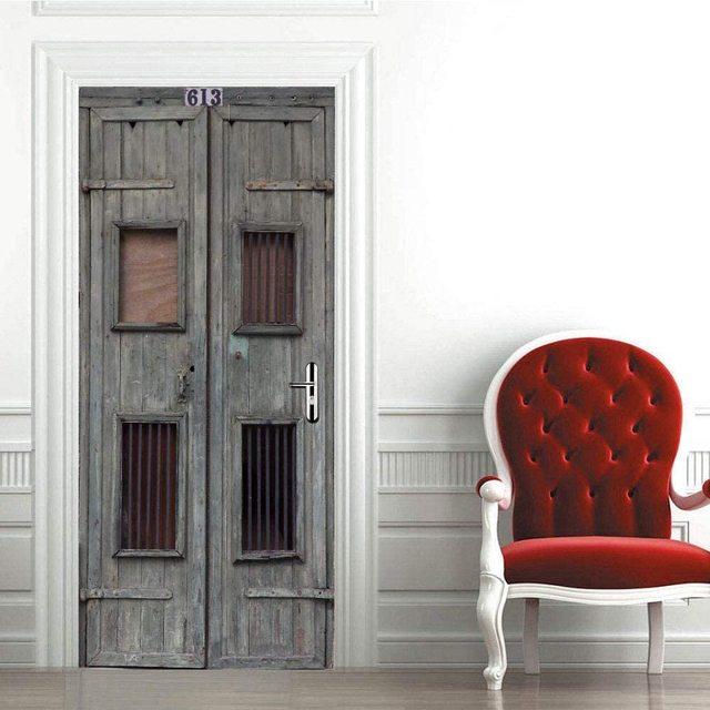 Art Wood Door 3d Modern Stickers Wallpaper Retro Style Poster Mural Decorated With Antique Red Brick Wall Door Stickers