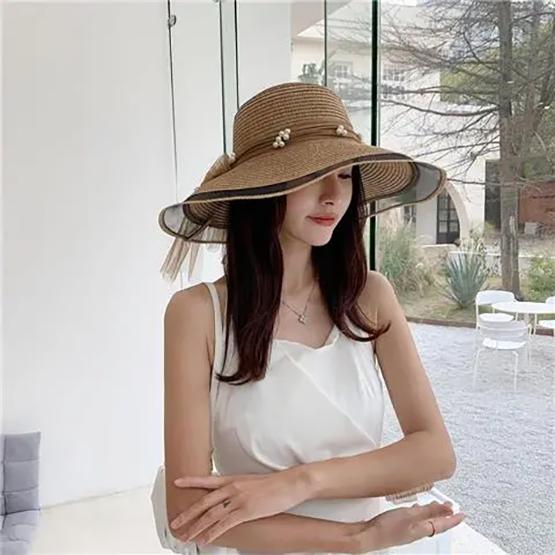 WTEMPO Women's Summer Mesh Patchwork Sunscreens Hats with Bow Large Brimmed Breathable Beach Pearls Decor Sun Hats