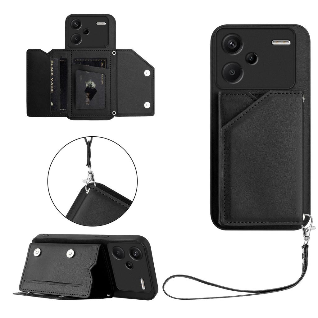 For Xiaomi Redmi Note 13 Pro+ 5G Case Card Holder Kickstand Skin-Touch Phone Cover with Wrist Strap