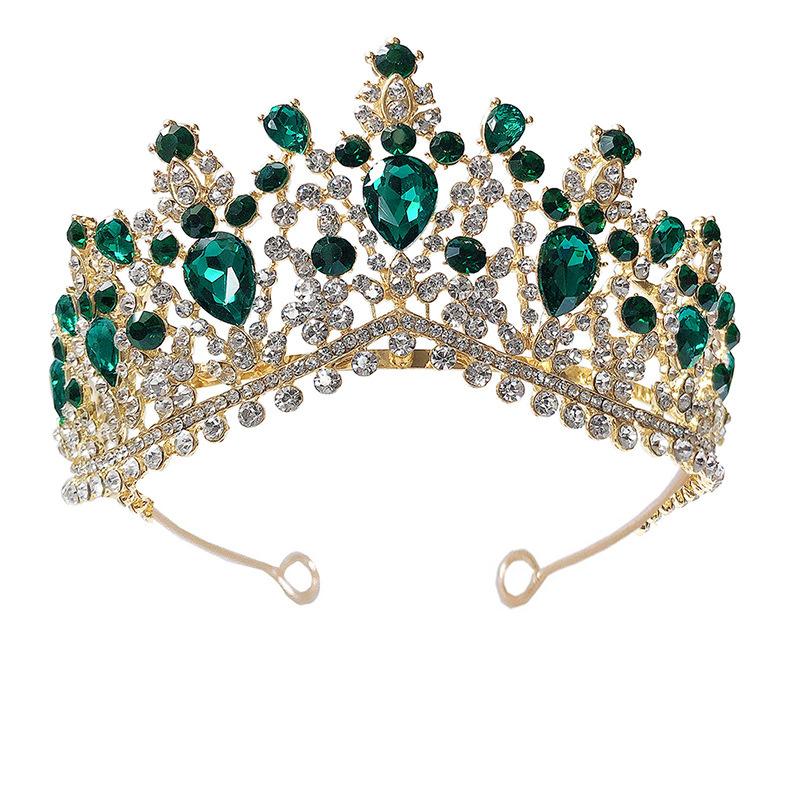 European and American Vintage Green Diamond Bridal Headpiece Baroque Crown Wedding Three Piece Set