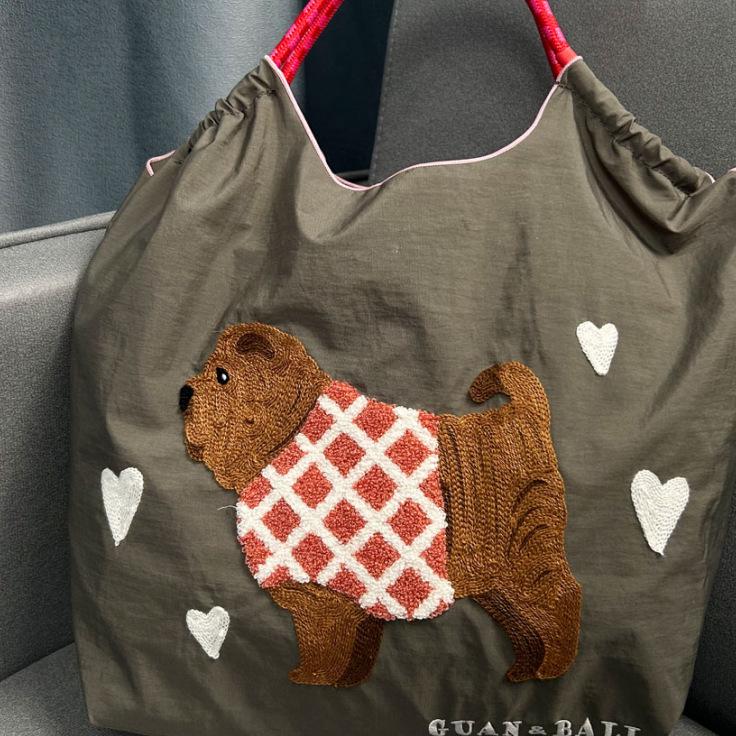 2024 Japanese-Style Cute Dog Embroidered Nylon Eco-Friendly Shoulder Shopping Bag