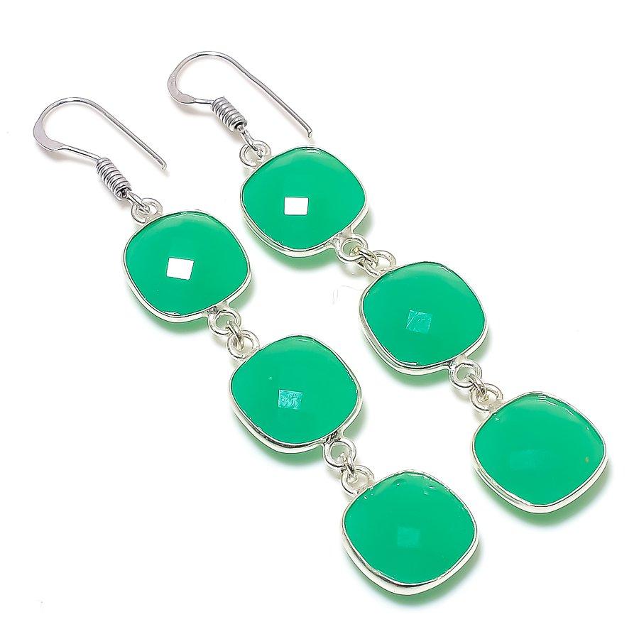 

Ювелирные серьги из стерлингового серебра 925 пробы с натуральным зеленым ониксом, 2,84 дюйма, O1m77