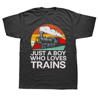 Just A Boy Who Loves Trains Retro T Shirts Summer Graphic Cotton Streetwear Short Sleeve Railroad Train Lovers Gifts T-shirt Men