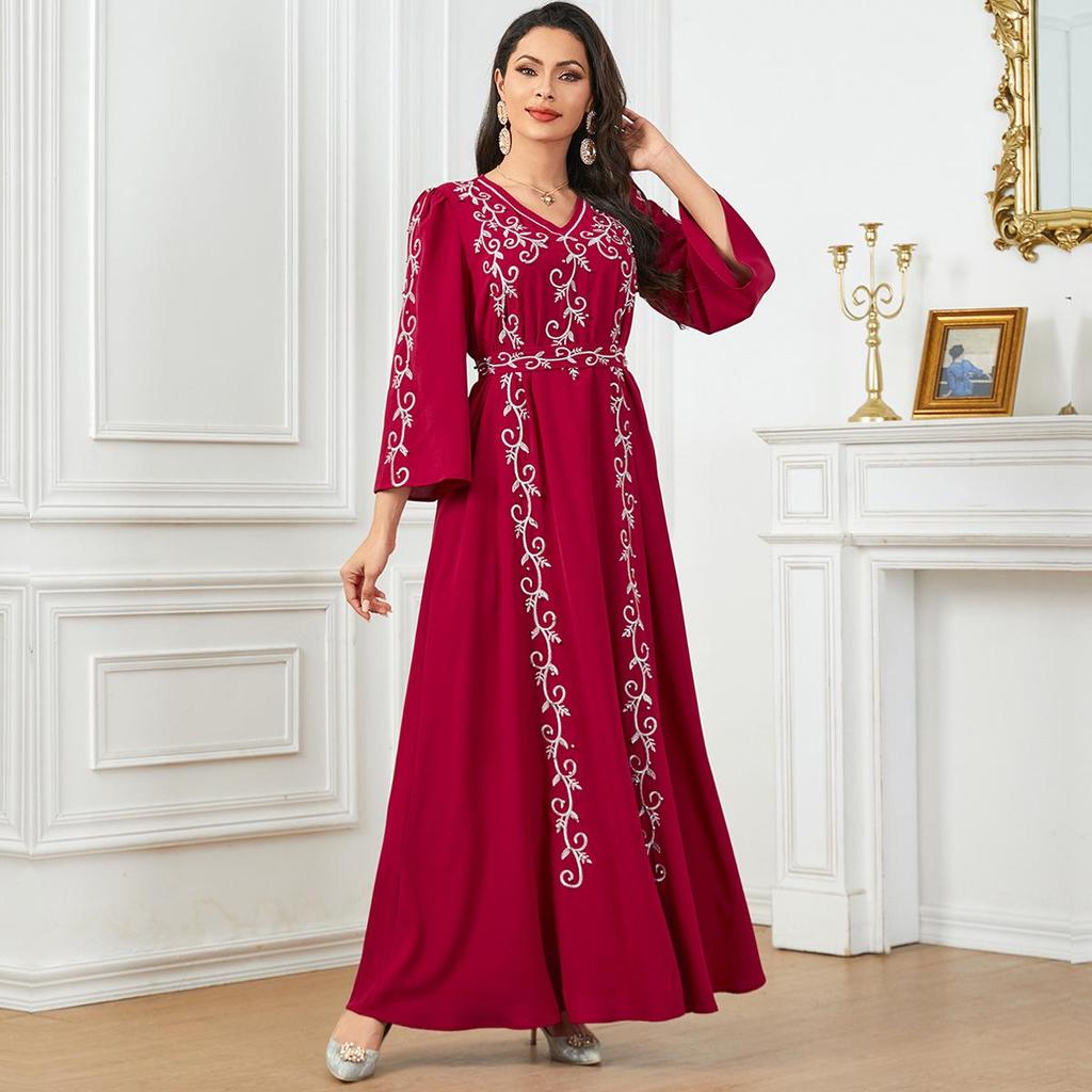 Women's V-Neck Embroidered Beaded Long Dress - Elegant Muslim Robe