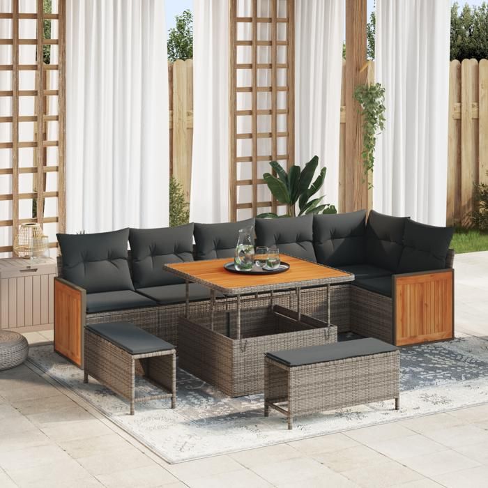 Set de canapé de jardin 9 pièces avec coussins en rotin poly gris, Canapé de jardin 2 places avec coussins en rotin poly 3363318