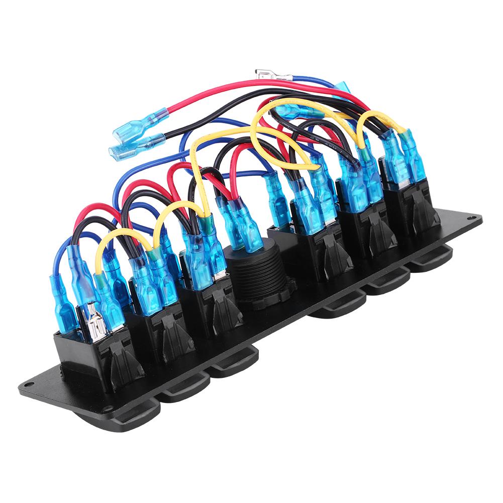 12V-24V 6 Gang Blue LED Rocker Switch Panel with Alarm Voltmeter for Car RV Boat Yacht Marine
