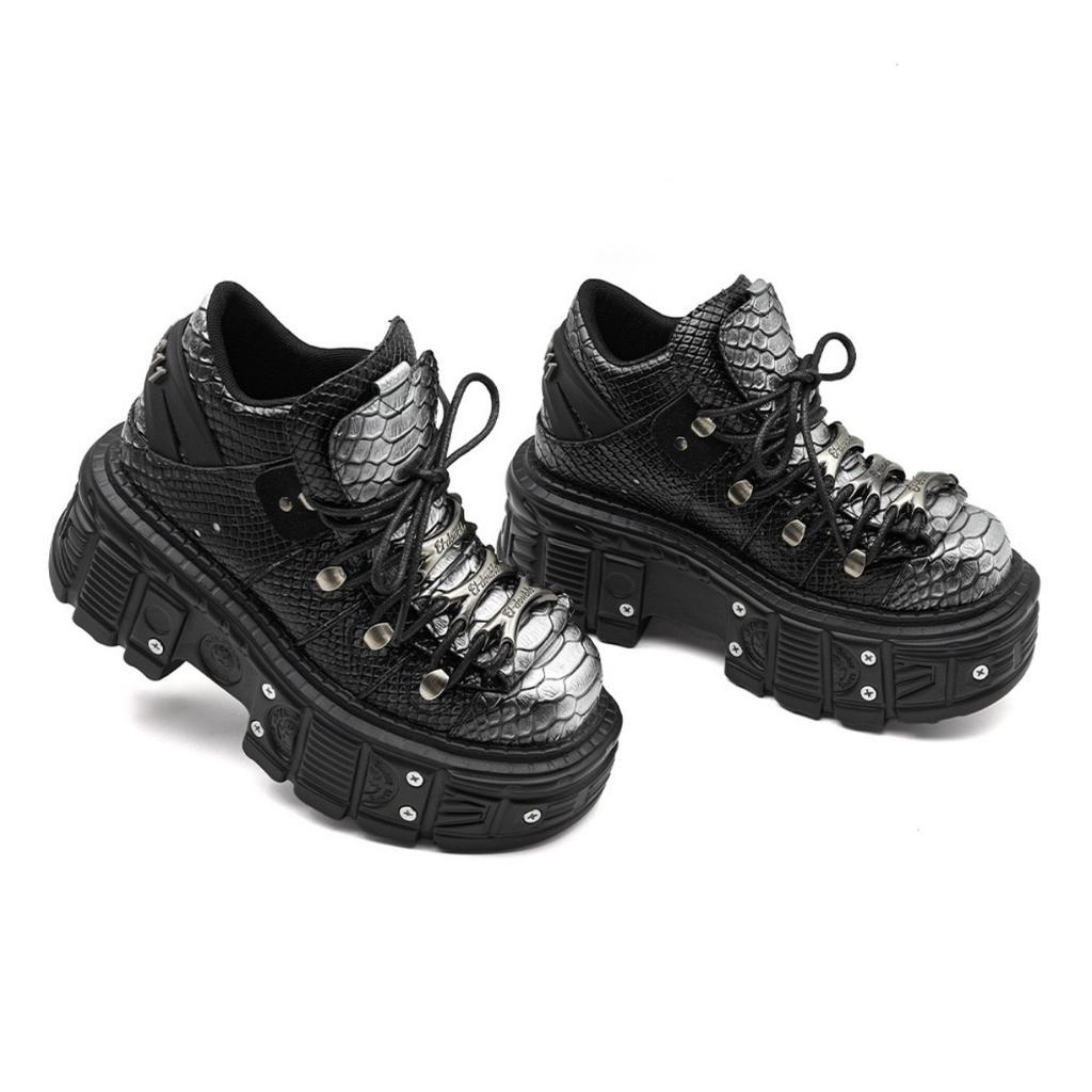 Gothic Ankle Rock Boots New Punk Style Women Shoes Lace-up Heel Height 6CM Platform Shoes Woman Metal Decor Woman Sneakers