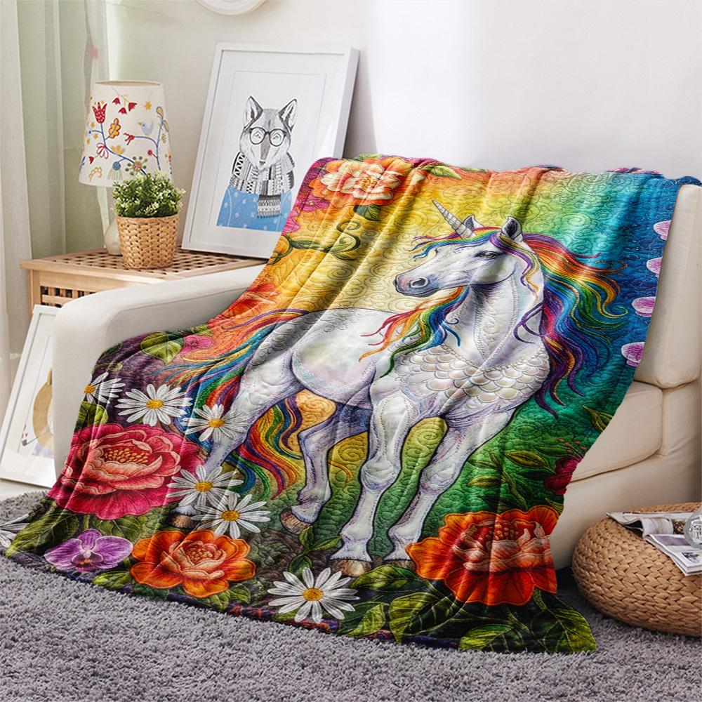 1PC Rainbow Unicorn Art Print FlAannel Blanket, High quality Comfortable for All Seasons, Home Decor, Warmth and Comfort
