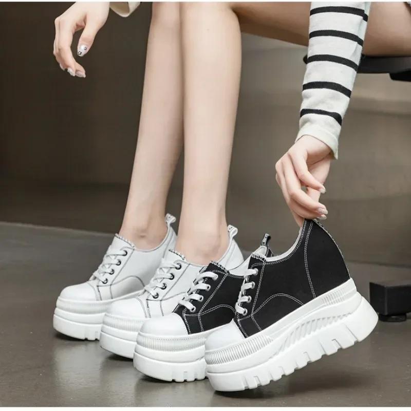 Fashion High Quality 12CM Denim Women Breathable Platform Hidden Heels Shoes Genuine Leather Chimney New Fashion Spring Chunky Sneaker