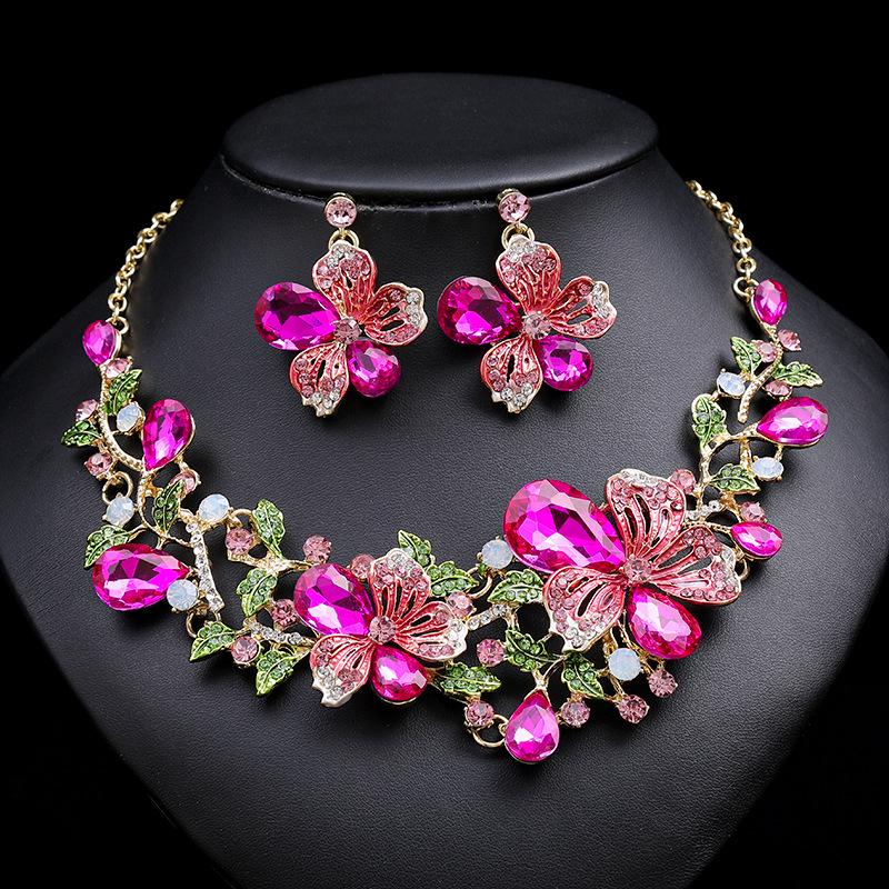Exaggerated Luxury Necklace & Earrings Set: Colorful Floral Design for Bridal Gowns