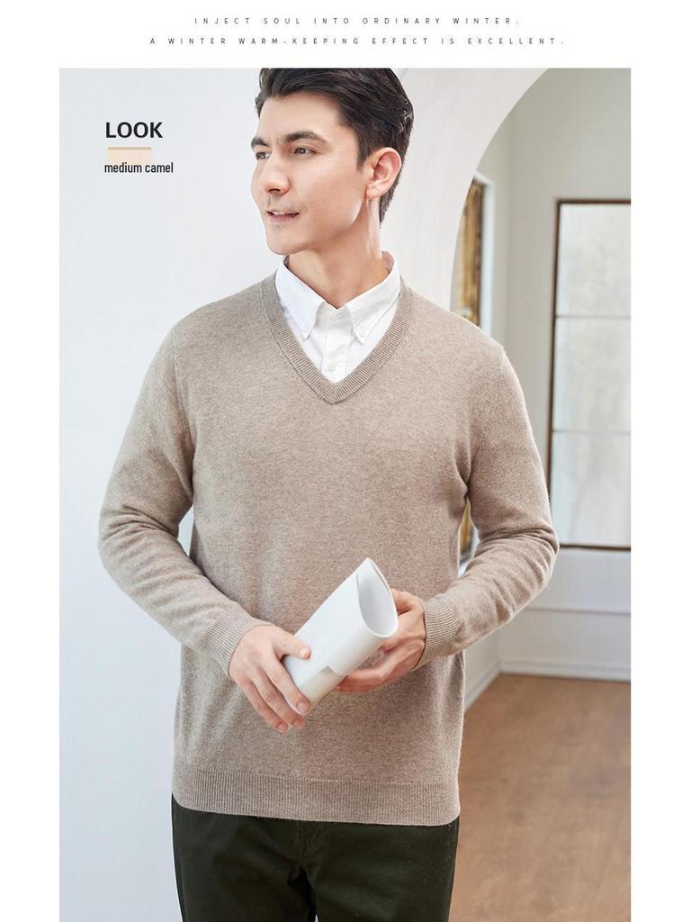 Men's 100% Pure Wool V-Neck Sweater, New Autumn/Winter Business Casual Soft Knit, Long-Sleeve Base Layer.
